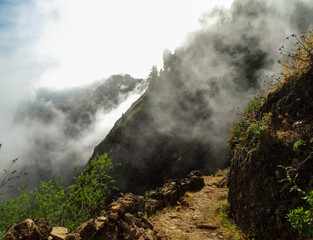 Fog and clouds at Santo Antao island, during walking tour, Cape Verde.