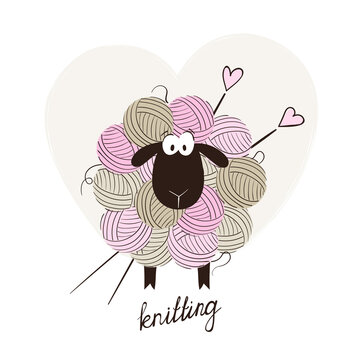Funny sheep made of yarn balls. Vector cartoon knitting illustration