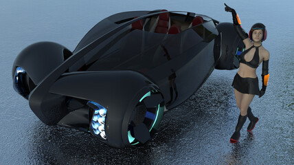 3D illustration. Fantasies. Girl and flying car 002