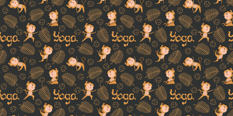 Seamless pattern of tiger cubs performing yoga asanas Virabhadrasana 2, Ardha Matsyendrasana, Vyagrasana, Utthita trikonasana, lettering YOGA, monstera, and palm leaves on a black background. Vector.
