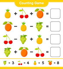 Counting game, count the number of Fruits and write the result. Educational children game, printable worksheet, vector illustration