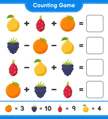Counting game, count the number of Fruits and write the result. Educational children game, printable worksheet, vector illustration