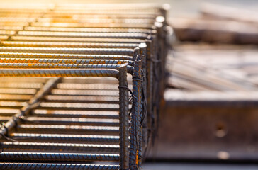 Construction worker Making Reinforcement steel rod and deformed bar with rebar at construction site.