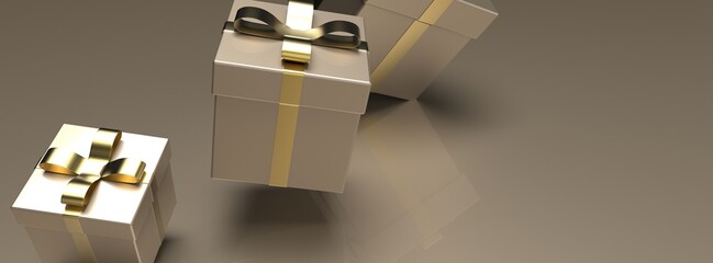 Gold closed gift boxes with gold ribbon on black background. 3D illustration. 3D CG. 3D high quality rendering.