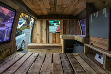 wooden interior of van