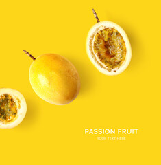Creative layout made of passion fruit. Tropical flat lay. Food concept.