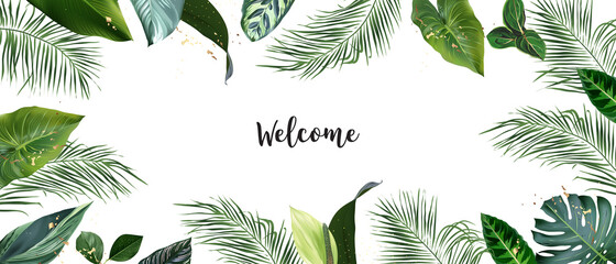 Tropical banner arranged from exotic emerald leaves and golden glitter