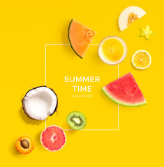 Creative layout made of summer fruits.  Tropical flat lay. Food concept. Melon, coconut,...