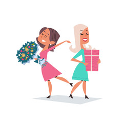 girls holding bouquet and gift box womens day 8 march holiday celebration concept banner flyer or greeting card full length vector illustration