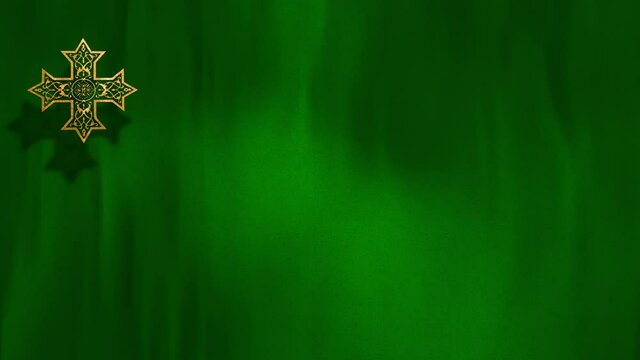 Liturgic green velvet with golden Christian Coptic Orthodox Cross. 3D animation loop background for worship live stream church sermon. Concept for Palm Sunday, Pentecost, Holy Spirit Day, and Feasts.