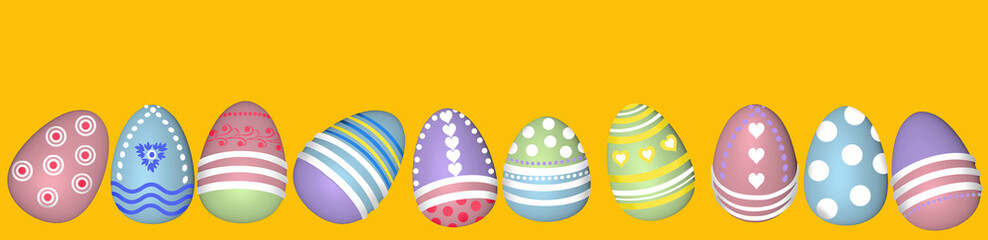 seamless horizontal long panorama of colored painted eggs 3d rendering model, background for design, postcards, concept of Easter, Spring Festival, 3d illustration