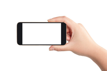 Woman hand holding smartphone isolated on white background.