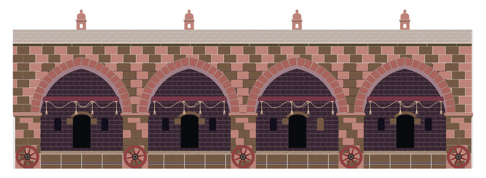 Traditional Islamic and Turkish old architecture, ancient trade Center, castle. Stone and brick buildings. Flat vector illustration isolated on white. Ottoman caravanserai architecture