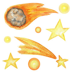 Comet and stars in the Solar System watercolor isolated illustration on white background. Outer Space planet hand drawn. Our galaxy astronomy education material. © Svetlana