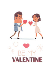 man woman couple in love standing together and holding hearts valentines day celebration concept greeting card invitation poster full length vertical vector illustration