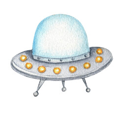 Flying saucer UFO, cartoon alien spaceship, Unidentified flying object. Watercolor isolated illustration on white background