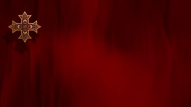 Liturgic red velvet, golden Christian Coptic Orthodox Cross. 3D animation copy space loop background for worship live stream church sermon. Concept of Advent, Feasts, and Saints Peter and Paul.