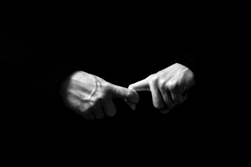 Man hand isolated on dark background. Man hands. Male. 
