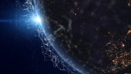 Obraz premium View from space on Planet Earth. Futuristic abstract network glowing and covering planet. Modern business and technology concept. 3D Rendering, Elements of this image furnished by NASA.