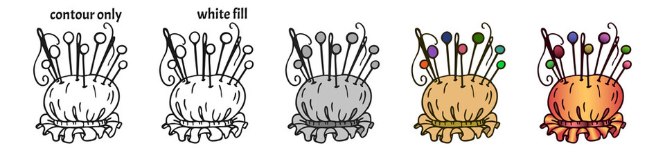 Set of hand drawn cute needle beds in different versions: contour only, white fill, gray colored, flat and gradient. Isolated logo or label vector illustration	