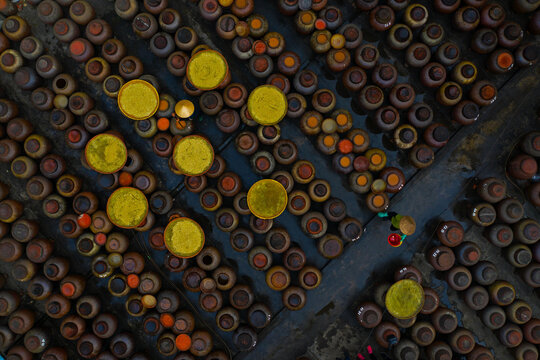 Aerial view of traditional soy sauce making since its founding more than 400 years ago in Ban village, Hung Yen province, Vietnam.
