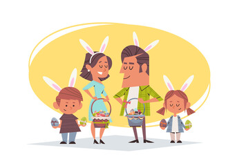 cute family in rabbit ears holding baskets with decorated eggs happy easter spring holiday celebration greeting card poster horizontal full length vector illustration