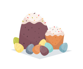 easter cakes and decorated eggs happy spring holiday celebration greeting card poster horizontal vector illustration
