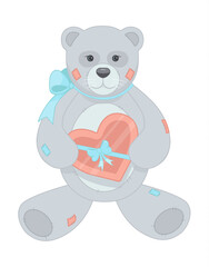 A teddy bear with a blue bow around his neck is holding a valentine card. Vector illustration. Valentine's Day. The 14th of February. Love.