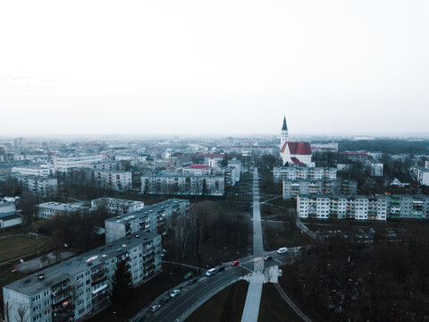 Aerial view of five storey houses and The Sts. Peter and Paul Cathedral of &Scaron;iauliai, Lithuania