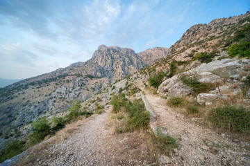 Fototapeta na wymiar Kotor mountain hiking trail landscape and rocky mountain in the distance,Kotor,Montenegro