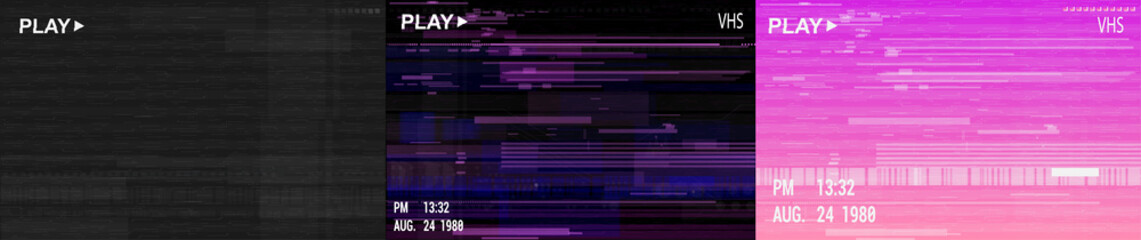 Digital glitch background collection in retrofuturism style. Glitched VHS video screen. Distorted trendy texture set. Vector illustrations   with noise, glitch, vhs, no signal TV. Vector illustrations - obrazy, fototapety, plakaty
