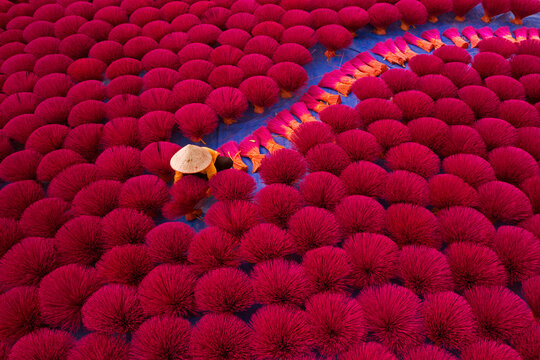 Aerial view of incense workers sits surrounded by thousands of incense sticks, where the sticks have been traditionally made for hundreds of years in Quang Phu Cau, Hanoi, Vietnam.