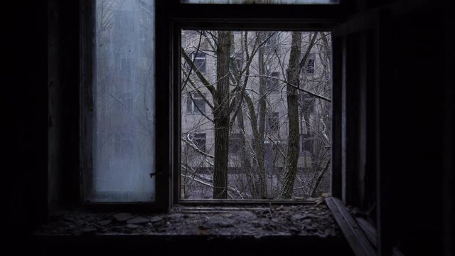 Cold, dark snow in Pripyat, Radioactive Chernobyl exclusion zone, inside hospital