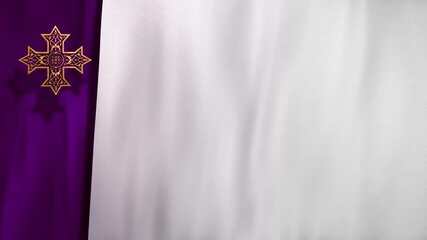 Liturgic purple white silk with golden Christian Coptic Orthodox Cross. 3D animation loop background for worship live stream church sermon. Concept of Cross of Our Lord, Lent, Great and Holy Thursday