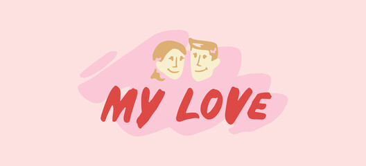 
A loving couple in the middle on a pink background with the inscription my love, close-up side view.