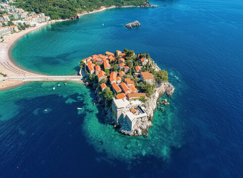 Aerial view of Sveti Stefan island Budva, Montenegro