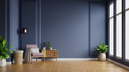 Fototapeta na wymiar Interior of light room with armchair on empty dark blue wall background.