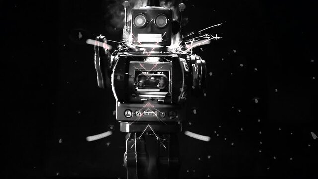 retro robot walking in space  1950,s sci-fi film 
