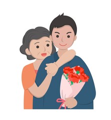  Card for mothers day comic characters vector illustration, mother and son celebrating holiday with carnations