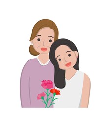 Card for mothers day comic characters vector illustration, mother and daughter celebrating holiday with carnations