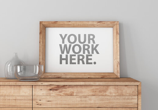 Horizontal Wooden Frame Mockup on Modern Commode