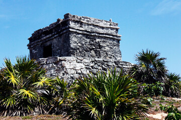 Panoramic of pre-Hispanic architecture in the ruins of the Mayan culture built in Tulum Quintana Roo