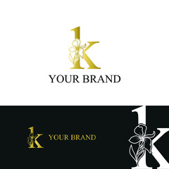Golden Luxury Initial letter k with February Iris flower for cosmetic, Jewelry, boutique, hotel logo concept vector