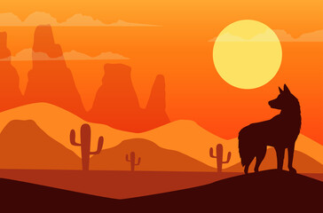 Fototapeta na wymiar wild west sunset scene with dog silhouette