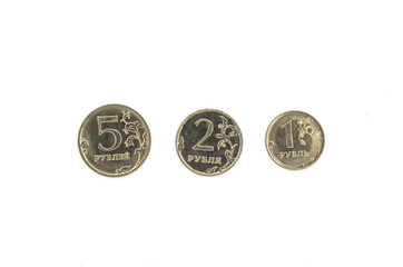 Russian money, metal coins, small change, 1 ruble, 2 rubles and 5 rubles, the concept of accumulation, budget and cash expenses