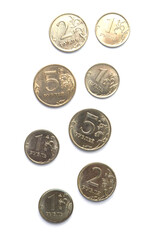 Russian money, metal coins, small change, 1 ruble, 2 rubles and 5 rubles, the concept of accumulation, budget and cash expenses