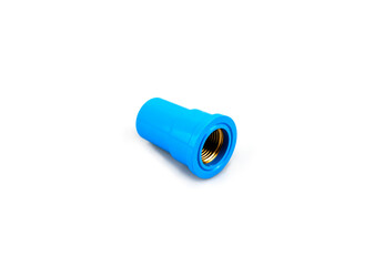 Blue PVC pipe set, separate on a white background, blue plastic water pipe, PVC accessories for plumbing work Plumber equipment Bend and connect the three-way plastic pipe to drain the waste water.