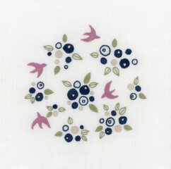 ブルーベリーと紫の鳥の刺繍