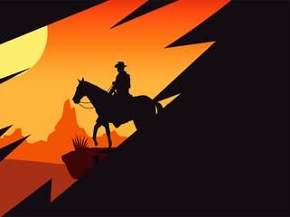 wild west sunset scene with horse and cowboy