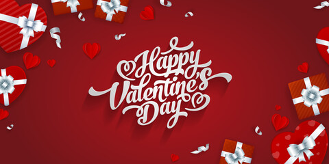 Fototapeta na wymiar Happy Valentines Day banner template with red gift boxes and calligraphic text